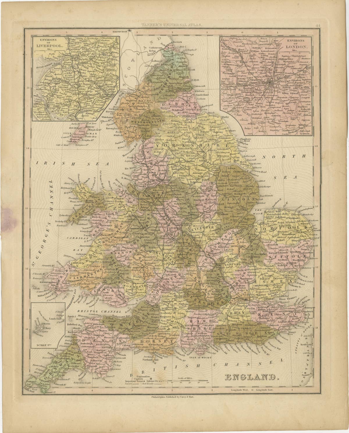 Antique Map of England with Inset Maps of the Region of Liverpool and London