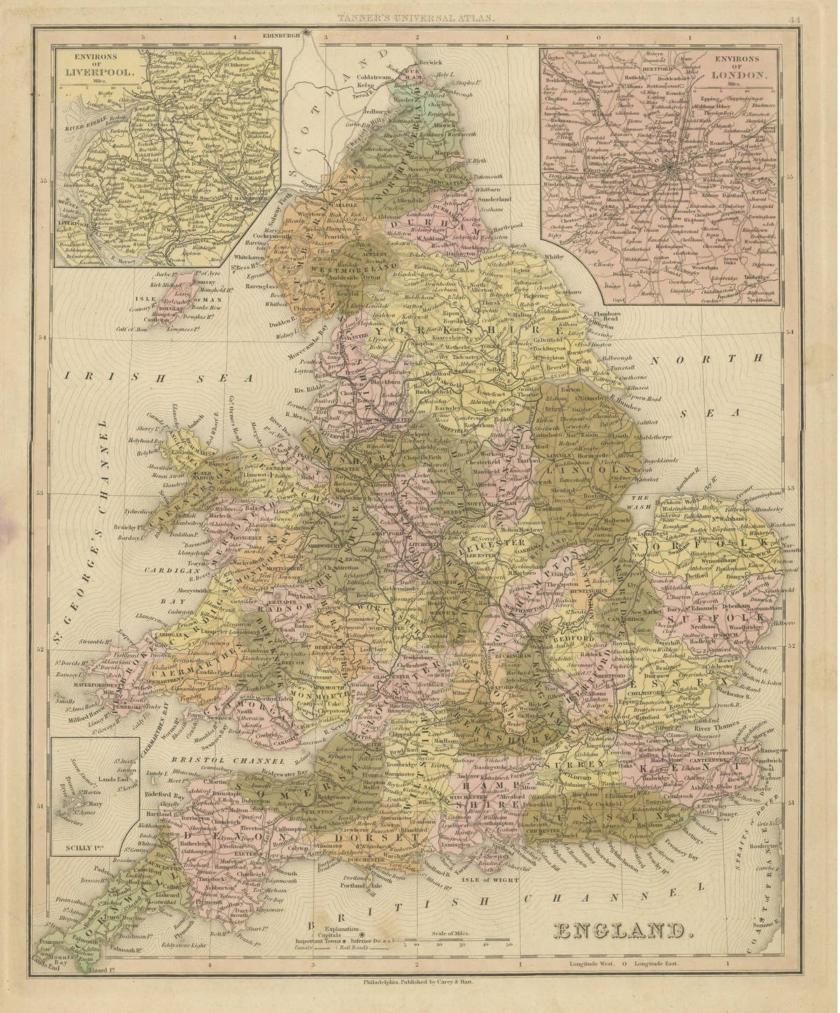 Antique Map of England with Inset Maps of the Region of Liverpool and London