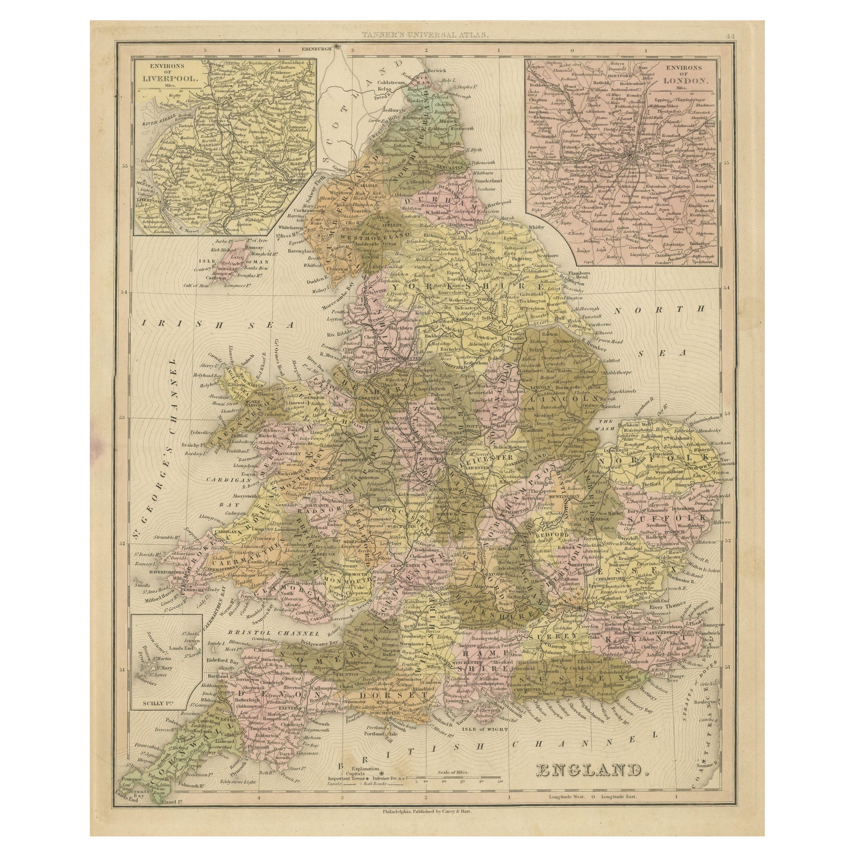 Carta geografica antica dell'Inghilterra con inserti della regione di Liverpool e Londra