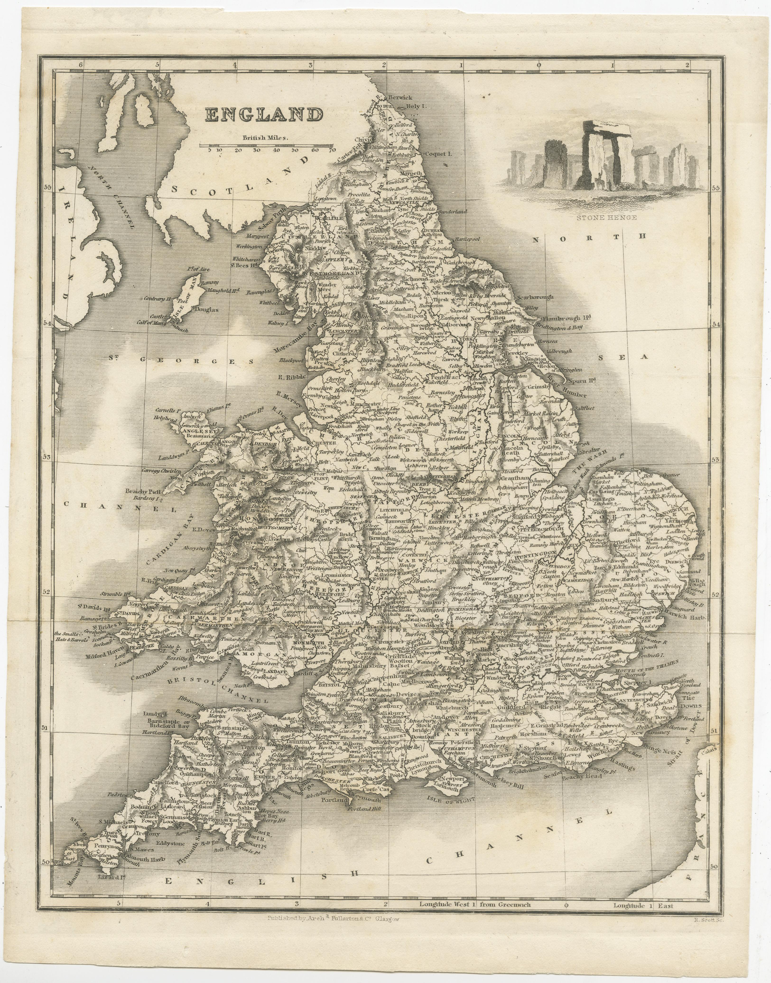 Antique map titled 'England'. Original antique map of England, with decorative vignette of stonehenge. Engraved by R. Scott. Published by Fullarton, circa 1835.