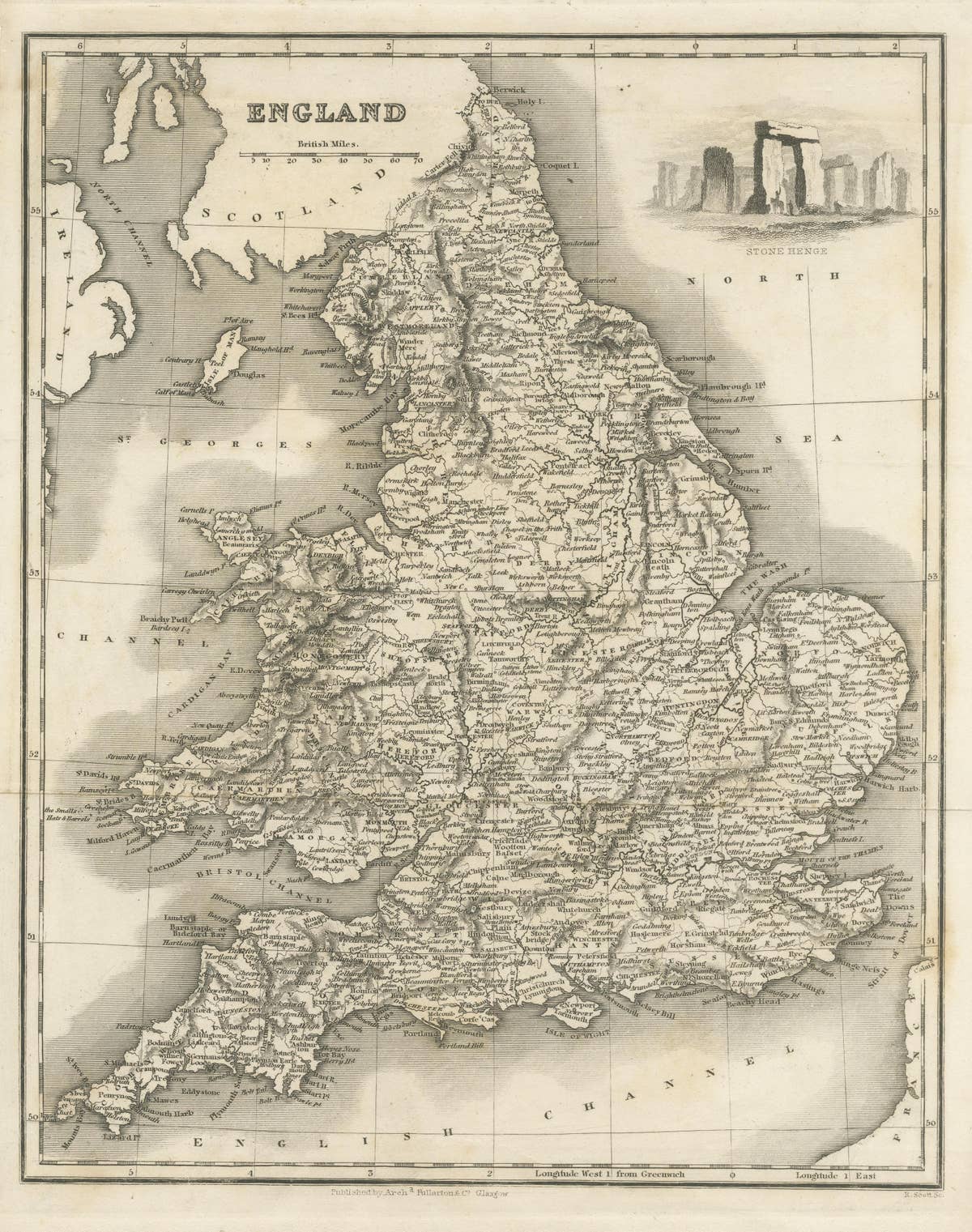 Antique Map of England with Vignette of Stonehenge