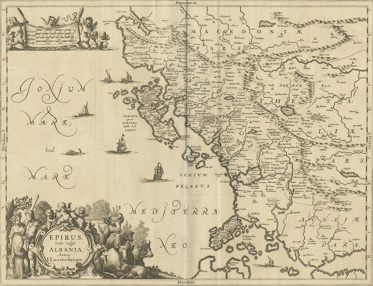 This map covers the northwestern coast of Greece and part of present-day Albania. The map was drawn by Johannes Wilhelm Laurenberg, a mathematician and historian who produced several atlases of Greece and worked with both Blaeu and Hondius/Jansson.
