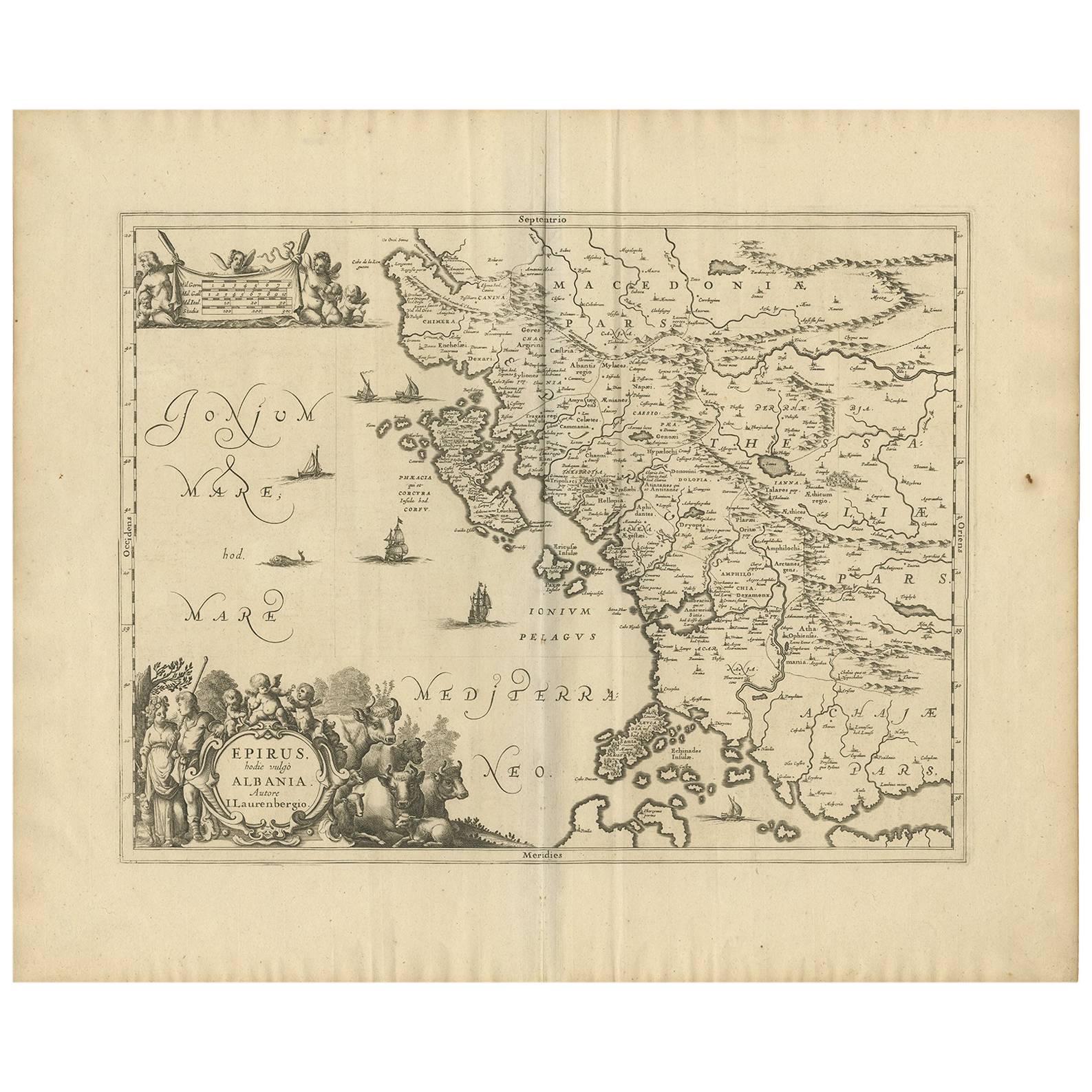Carta geografica antica dell'Epiro 'Albania, Grecia' di J. Janssonius, 1650 ca.