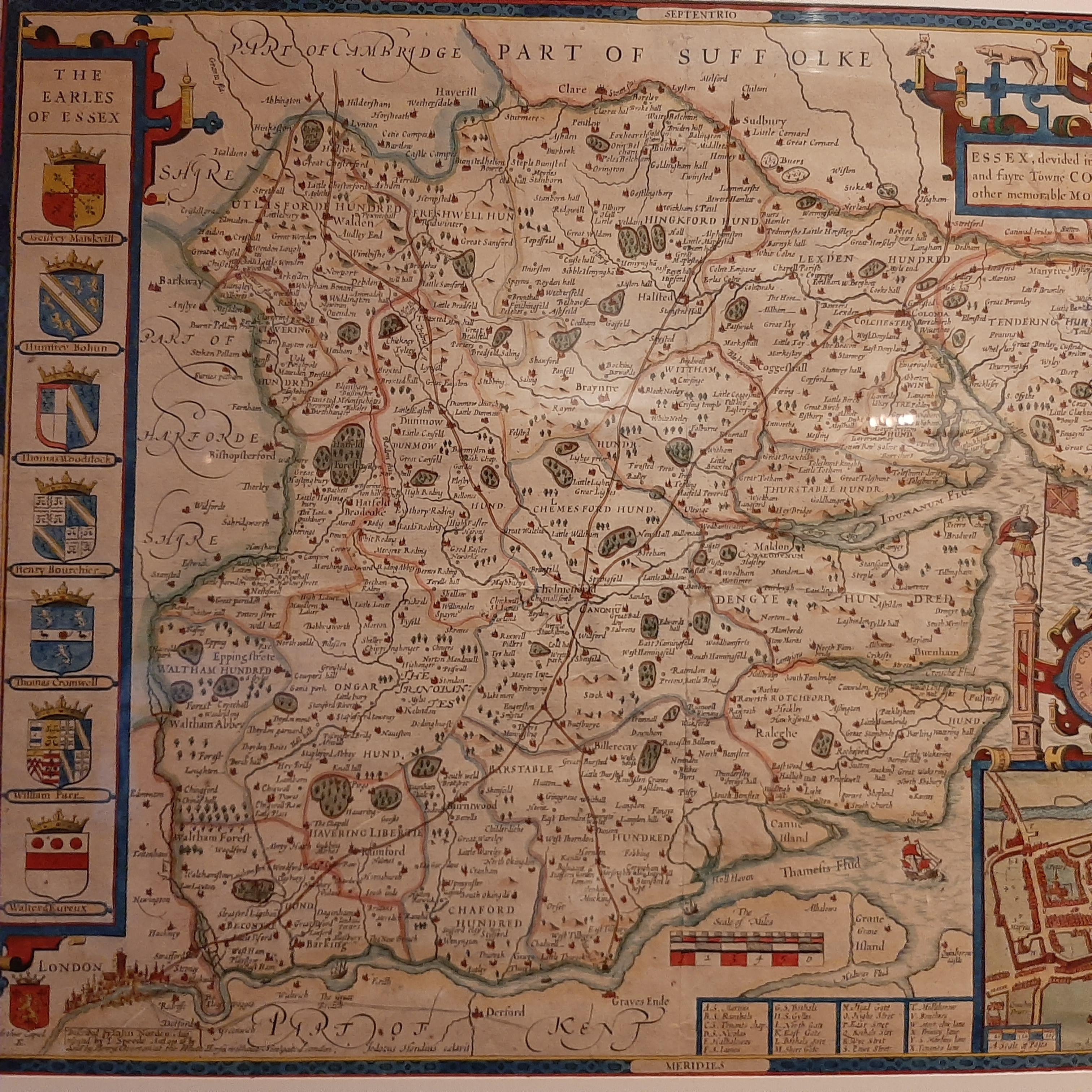 Antique map titled 'Essex, devided into Hundreds, with the most antient and fayre Towne Colchester (..)'. Map of Essex, England. Includes an inset town plan of Colchester. Published by Henry Overton, circa 1710. 

Frame included. We carefully pack