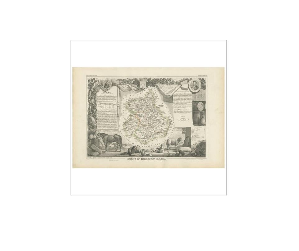 Antique map titled 'Dépt. d'Eure et Loir'. Map of the French department of Eure Et Loir, France. This area is home to the famous Chartres Cathedral. The whole is surrounded by elaborate decorative engravings designed to illustrate both the natural