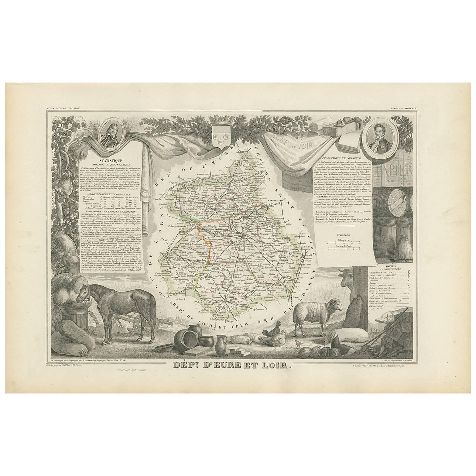 Antique Map of Eure Et Loir ‘France’ by v. Levasseur, 1854 For Sale