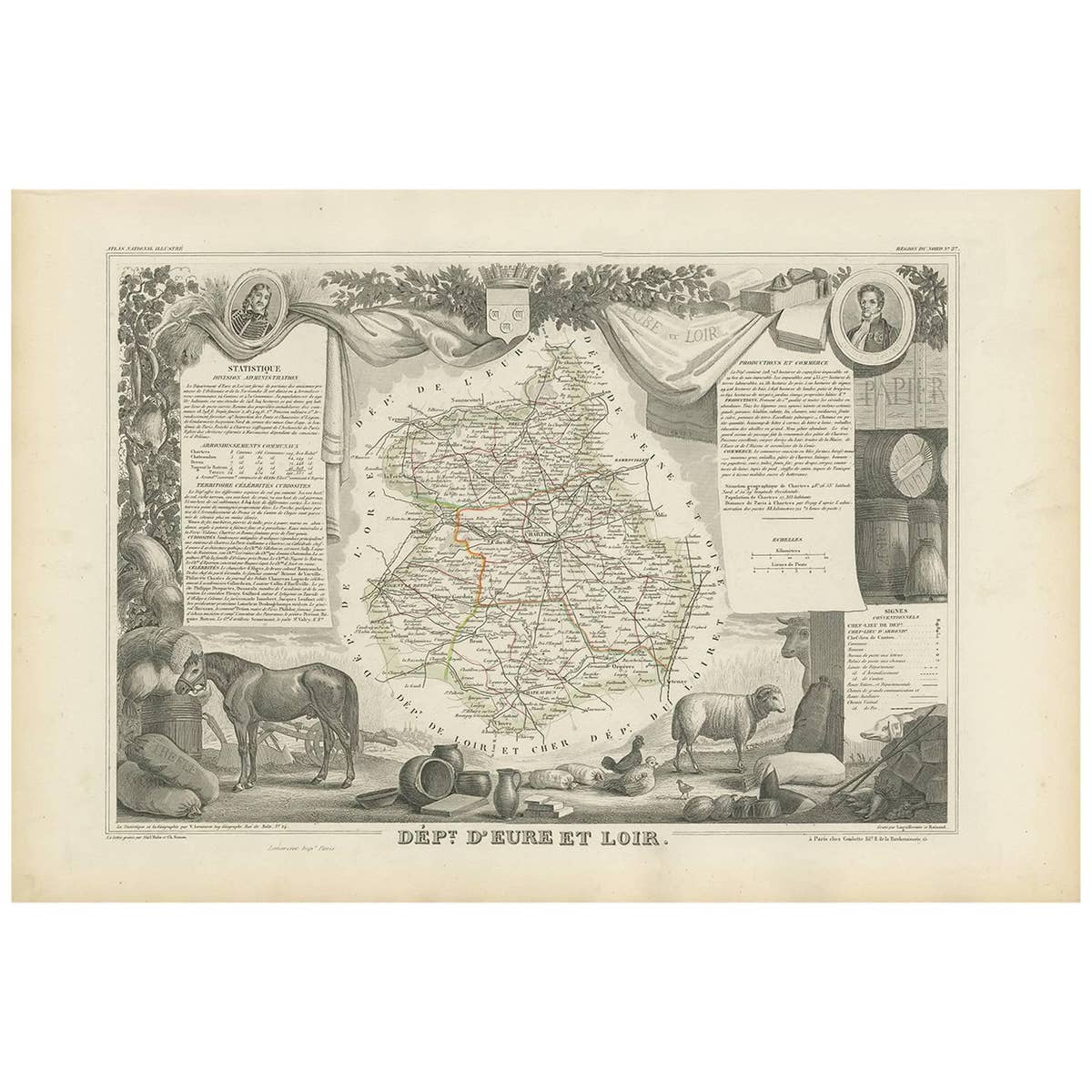 Antique Map of Eure Et Loir ‘France’ by v. Levasseur, 1854