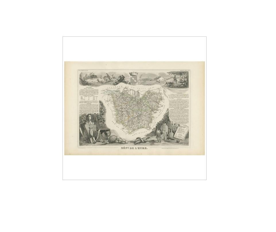 Antike Karte mit dem Titel 'Dépt. de l'Eure'. Karte des französischen Departements Eure, Frankreich. In dieser Region Frankreichs befindet sich Giverny, wo das Haus und der Garten des Impressionisten Claude Monet zu besichtigen sind. Das Ganze ist
