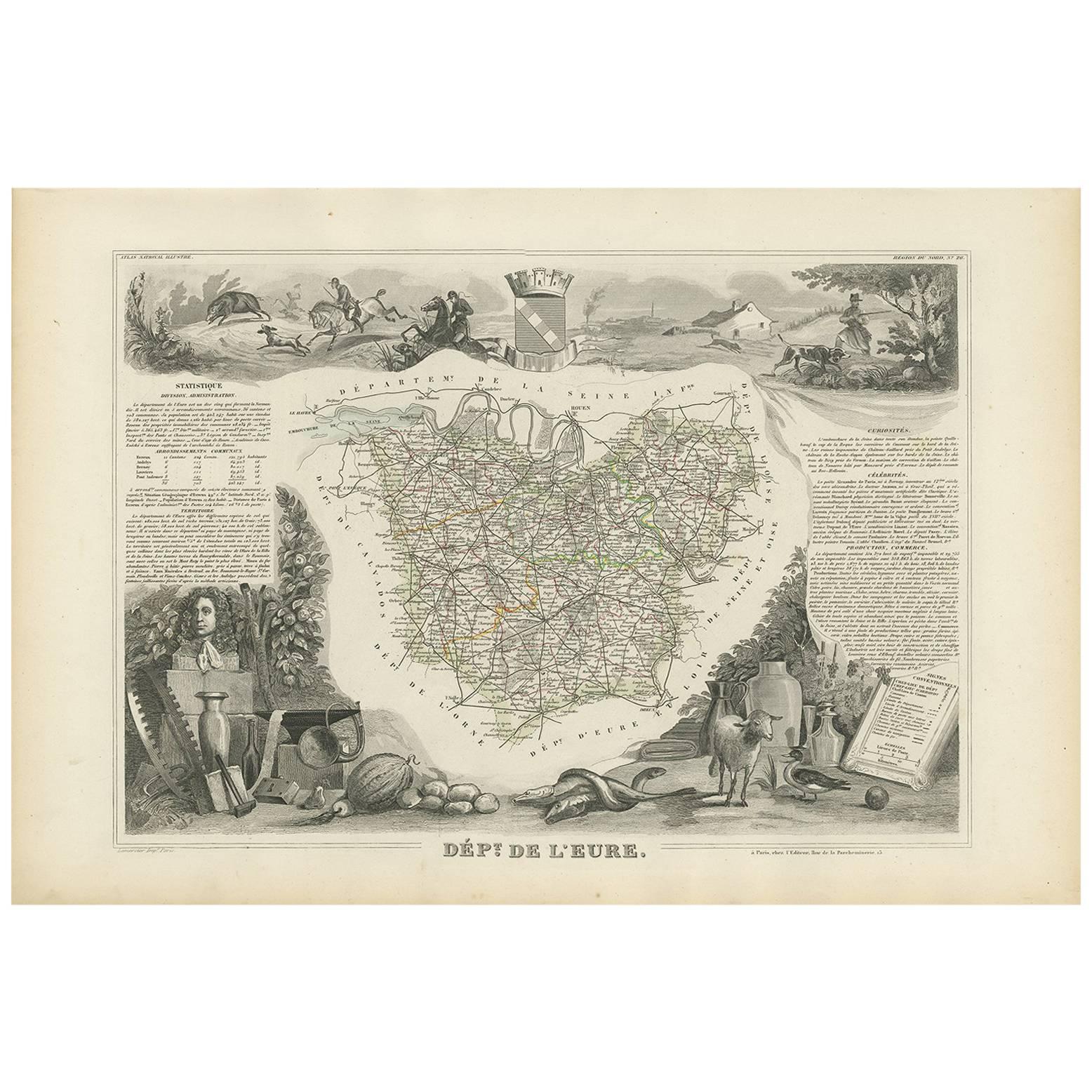 Antique Map of Eure ‘France’ by V. Levasseur, 1854 For Sale