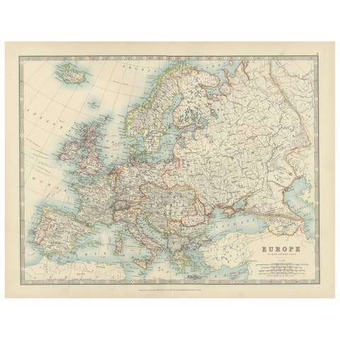 Antique Map of Europe, 1903, with Intricate Political Boundaries and Rich Detail