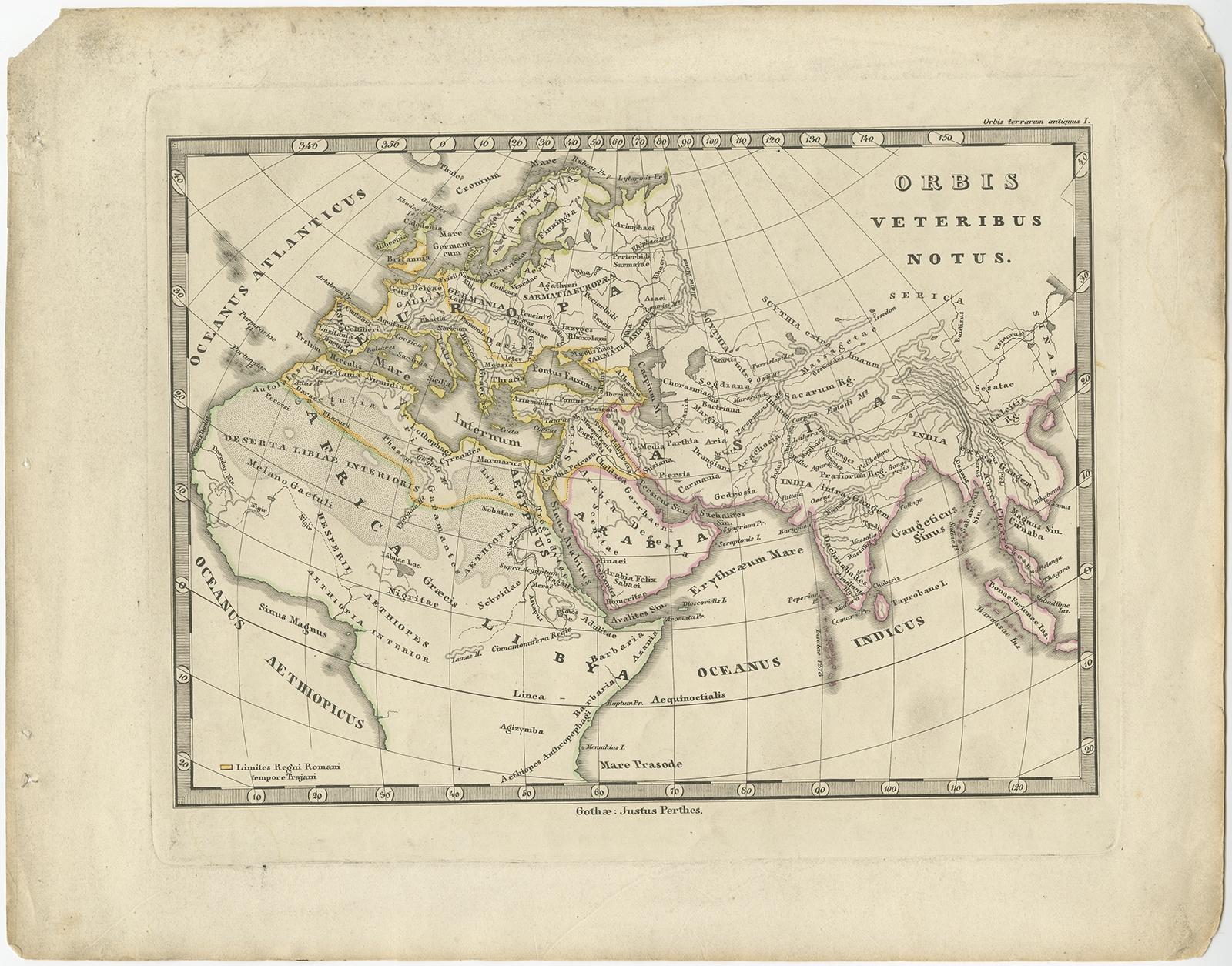 Antique map titled 'Orbis Veteribus Notus'. Old map of the European continent, also depicting a portion of Asia and Africa. Originating from 'Orbis Terrarum Antiquus in usum Scholarum'. 

Artists and Engravers: Published by Justus Perthes,