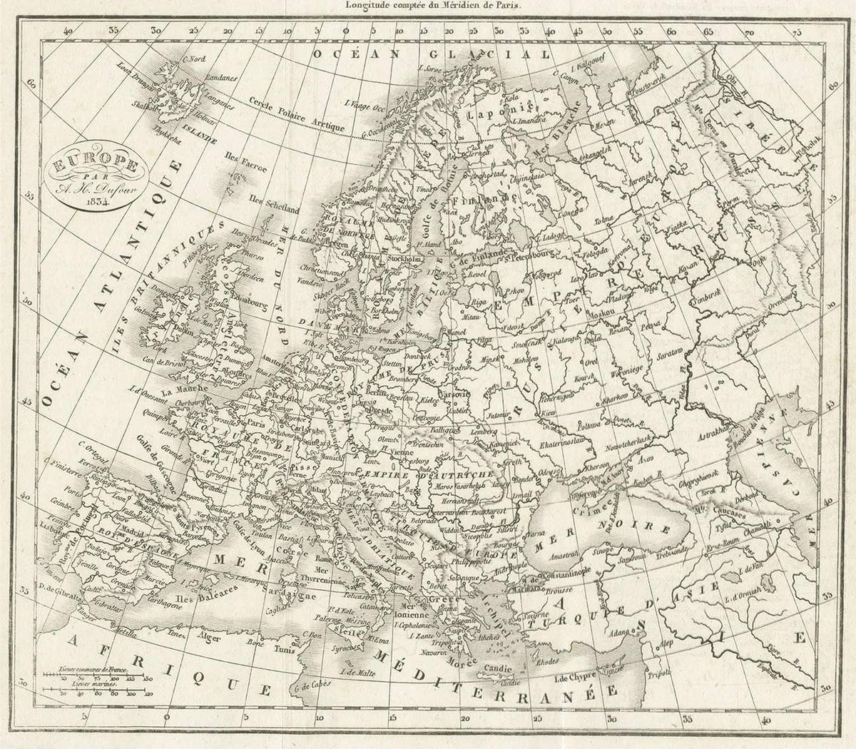 Nice Decorative Black and White Small Antique Map of Europe, 'circa 1834'