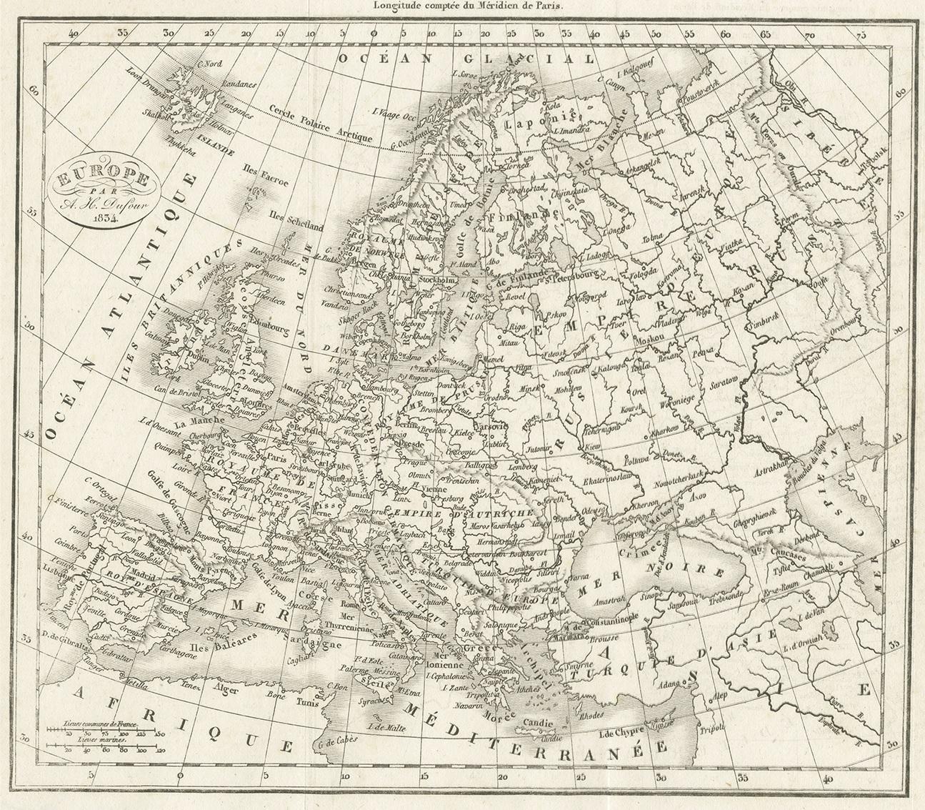 Nice Decorative Black and White Small Antique Map of Europe, 'circa 1834' In Good Condition For Sale In Langweer, NL