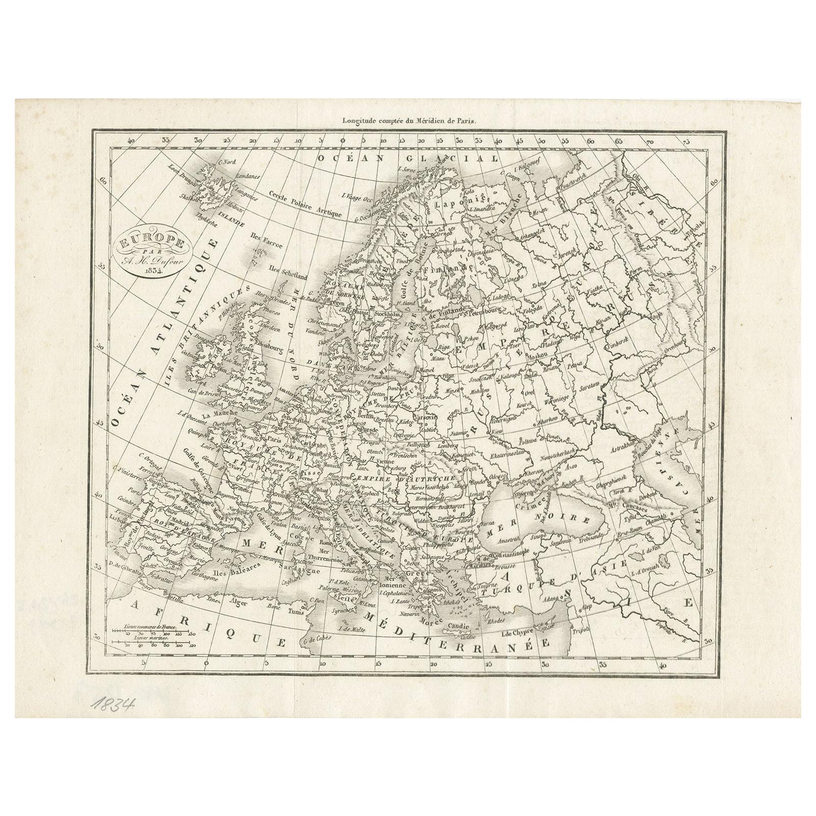 Nice Decorative Black and White Small Antique Map of Europe, 'circa 1834'