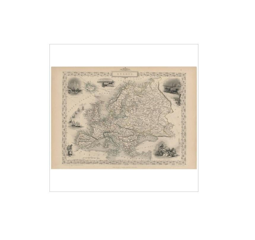 A decorative and detailed mid-19th century map of Europe which was drawn and engraved by J. Rapkin (vignettes by J. Marchant & J. Rogers) and published in John Tallis's Illustrated Atlas (London & New York: John Tallis & co, circa 1851).

The