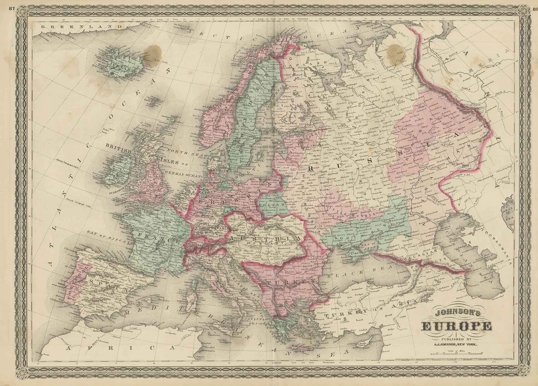 Antique map titled 'Johnson's Europe'. Original map of Europe. This map originates from 'Johnson's New Illustrated Family Atlas of the World' by A.J. Johnson. Published 1872.