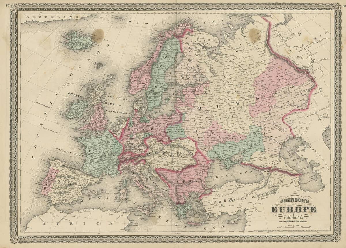 Antique Map of Europe by Johnson, '1872'