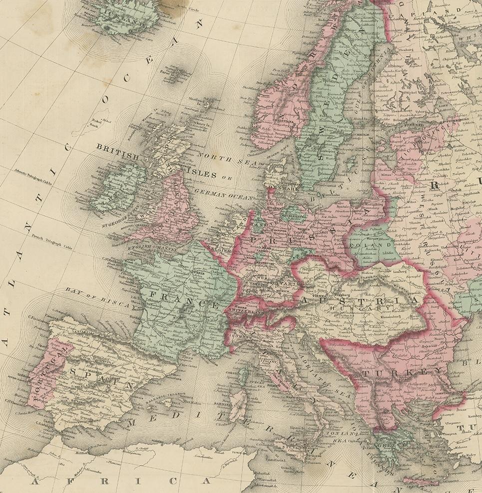 Antike Europakarte von Johnson, „1872“ im Zustand „Relativ gut“ im Angebot in Langweer, NL
