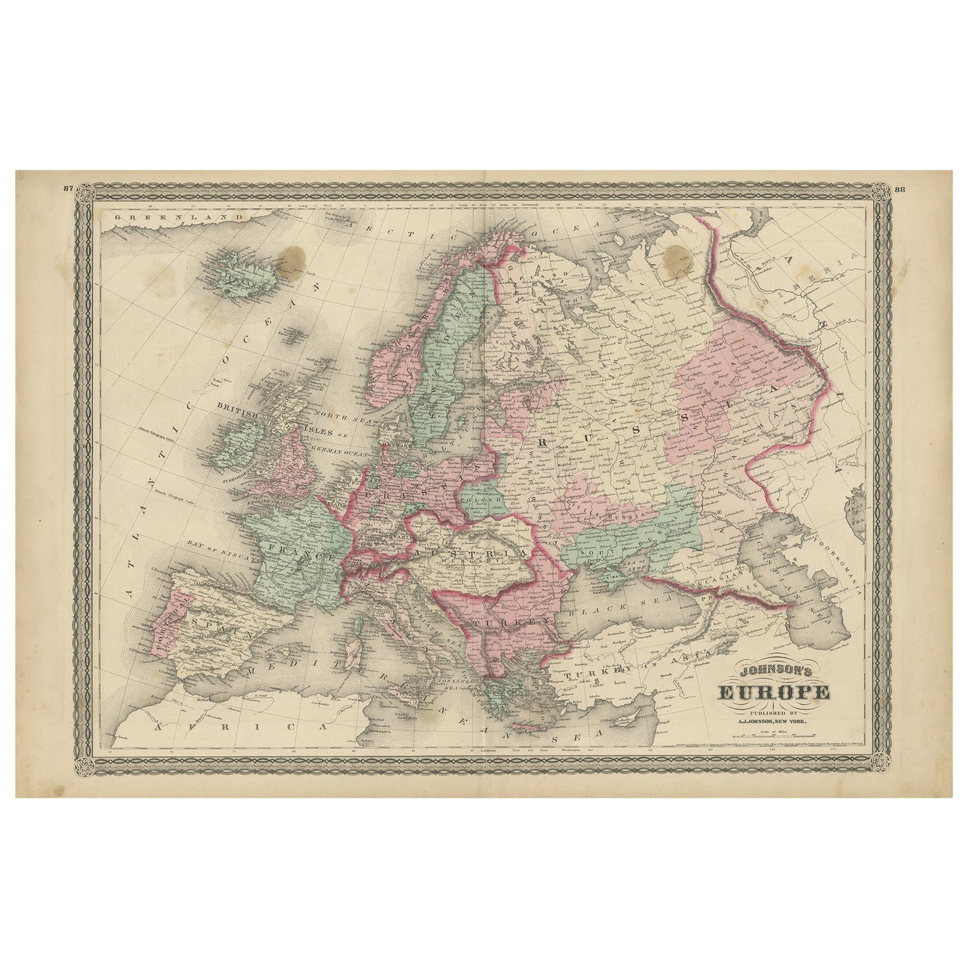 Antique Map of Europe by Johnson, '1872'