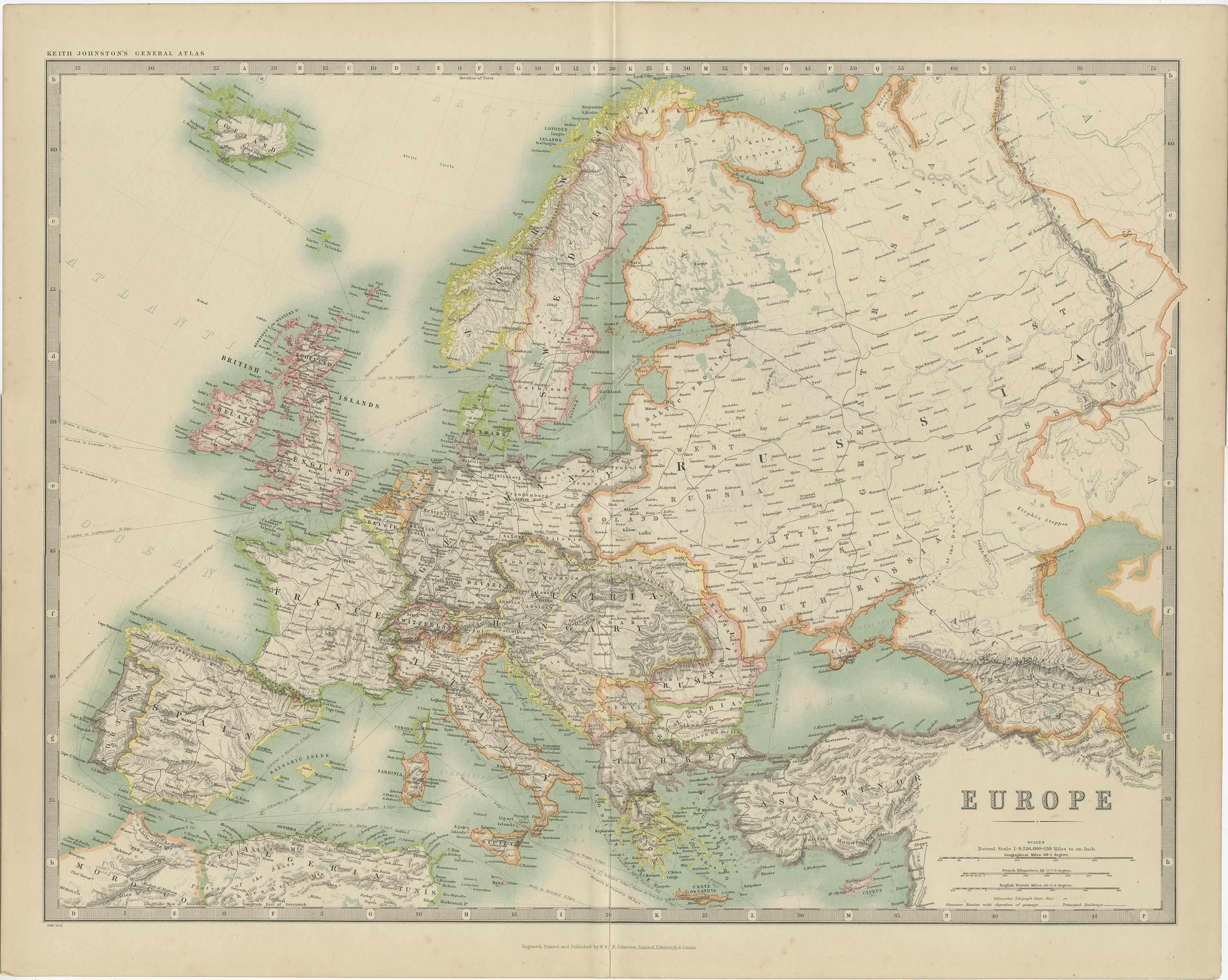 Antique map titled 'Europe'. Original antique map of Europe. This map originates from the ‘Royal Atlas of Modern Geography’. Published by W. & A.K. Johnston, 1909.