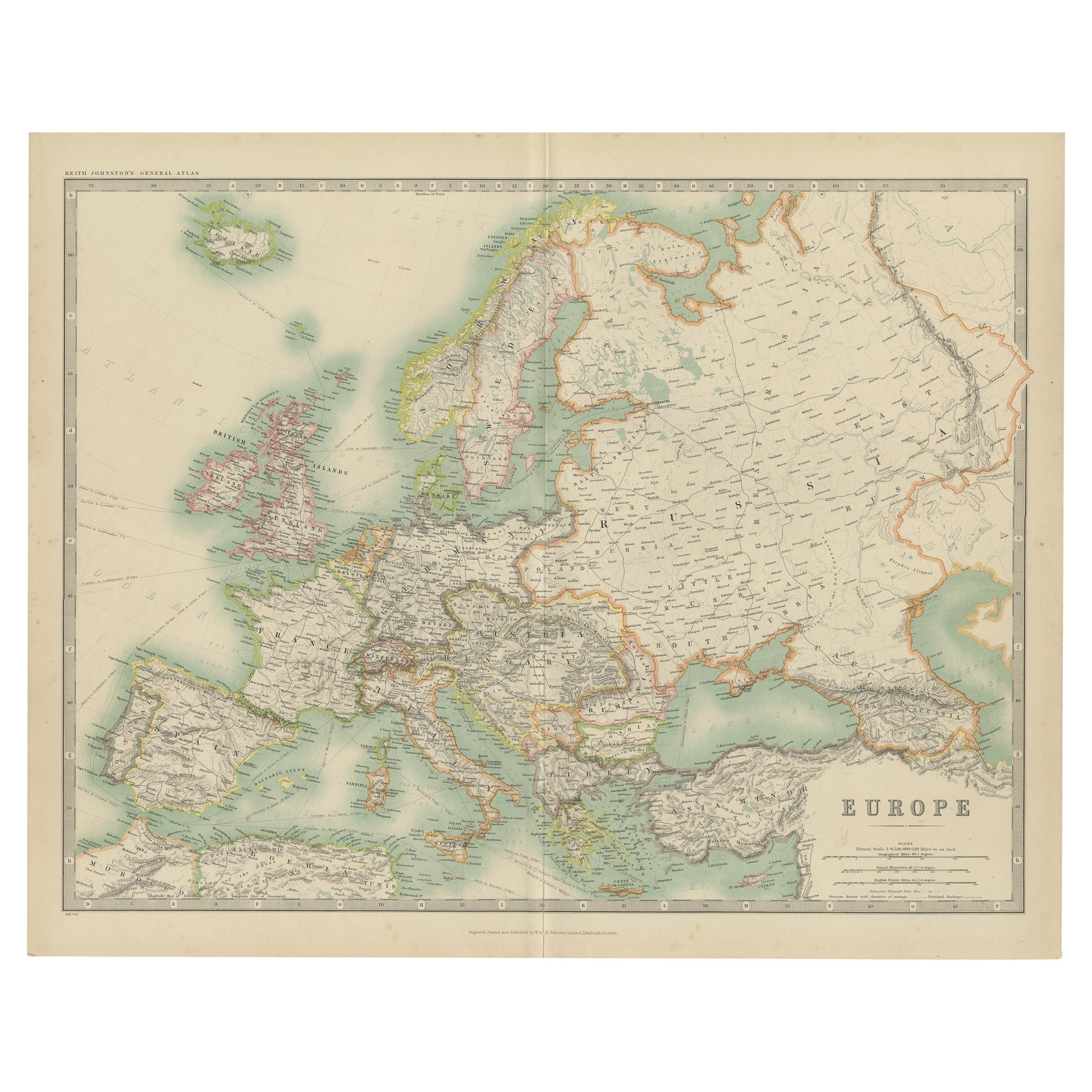 Antique Map of Europe by Johnston '1909'