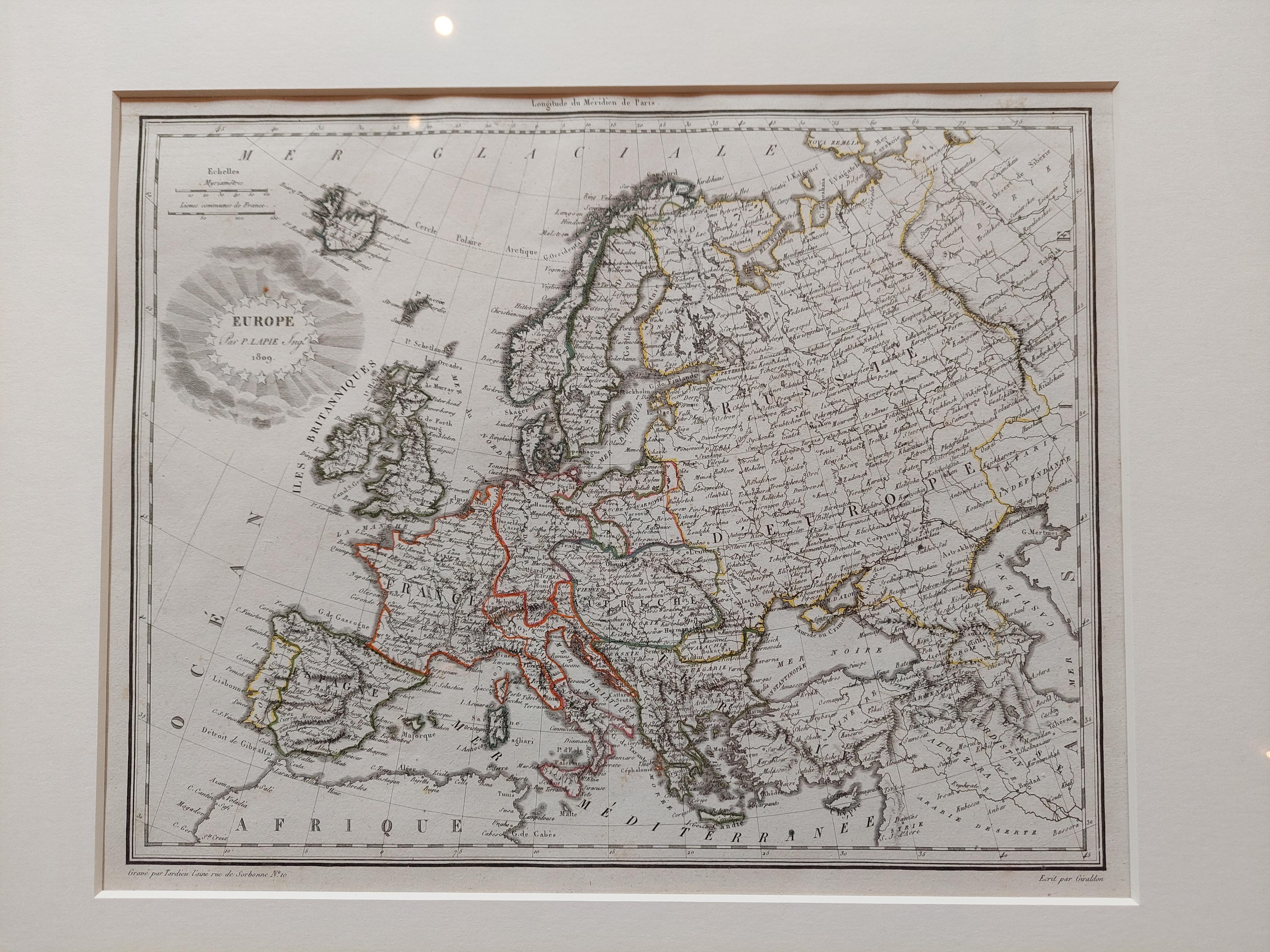 Antique map titled 'Europe'. Original antique map of Europe by P. Lapie, published 1809. Frame included.