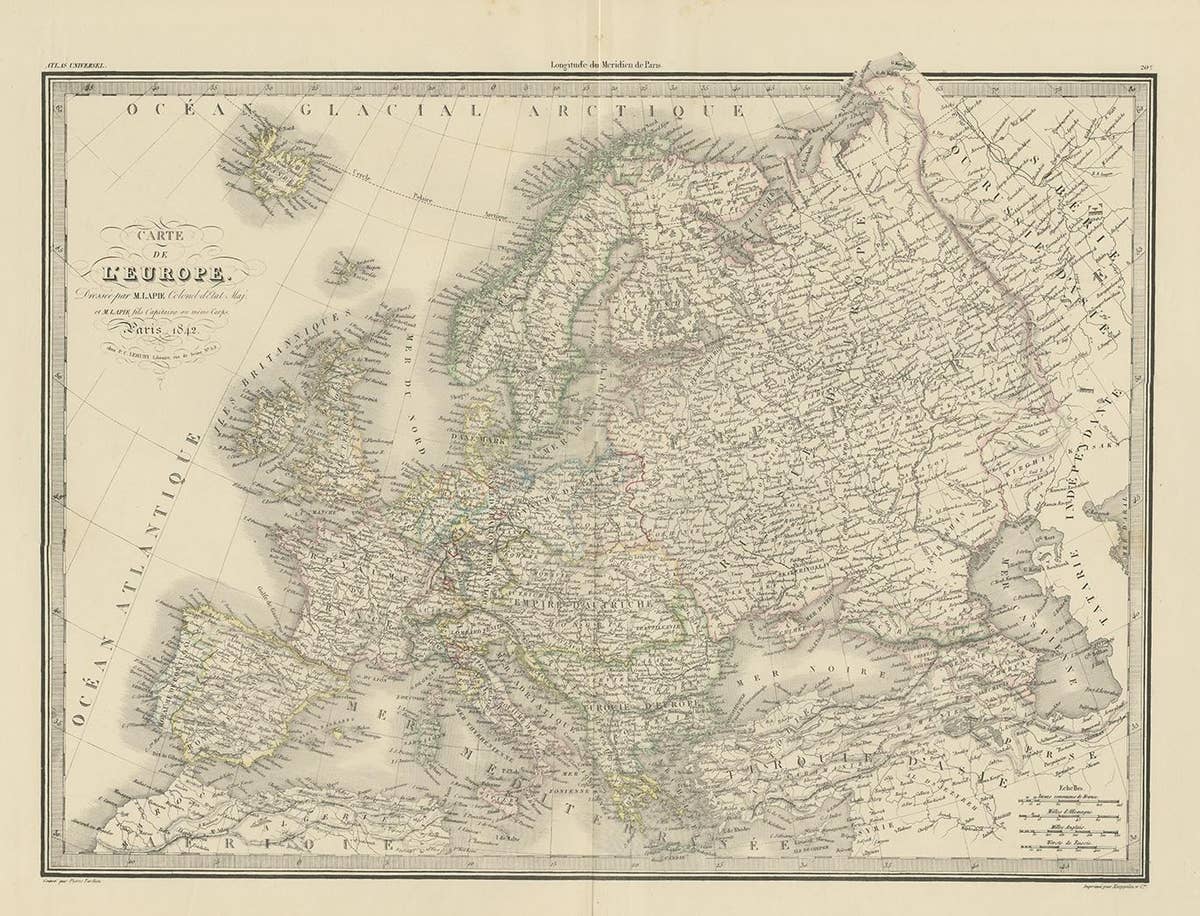 Antique Map of Europe by Pierre M. Lapie, Engraved, France, 1842