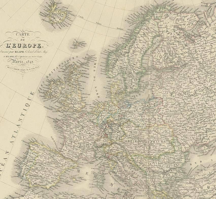 Antique Map of Europe by Pierre M. Lapie, Engraved, France, 1842