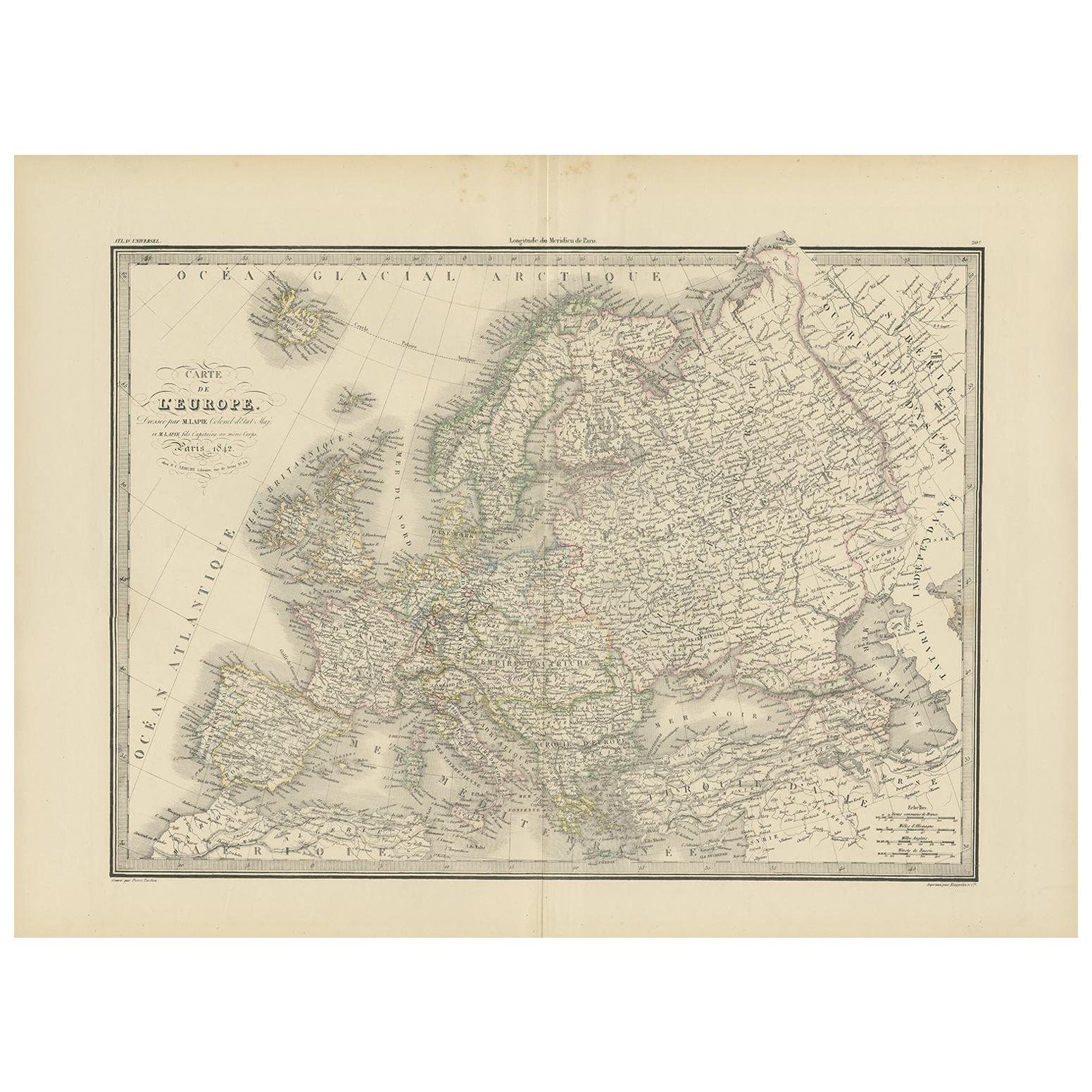 Antique Map of Europe by Lapie, 1842