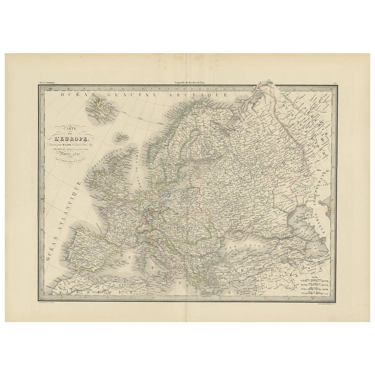 Antique Map of Europe by Pierre M. Lapie, Engraved, France, 1842
