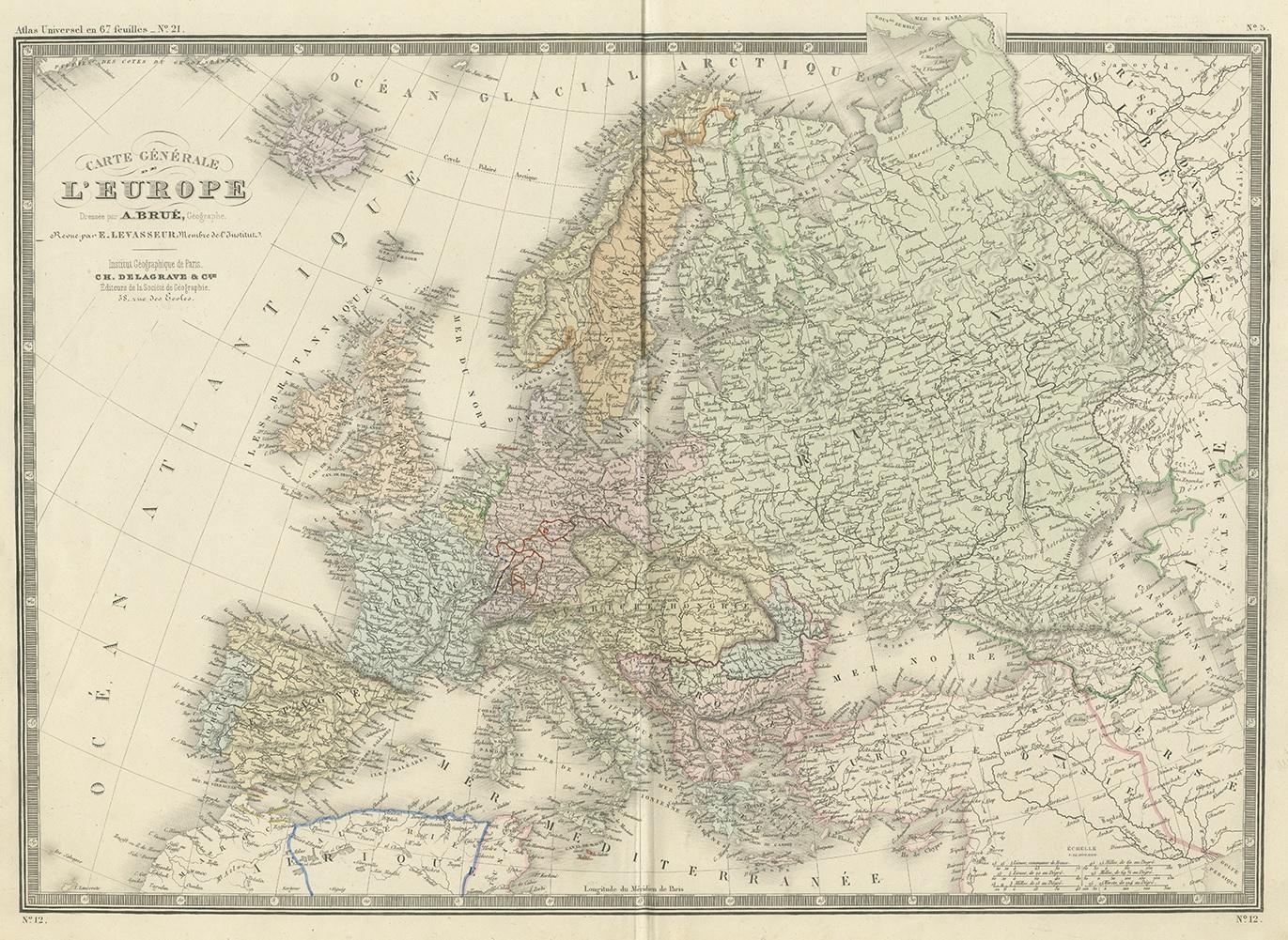 Antique map titled 'Carte générale de l'Europe'. Large map of Europe. This map originates from 'Atlas de Géographie Moderne Physique et Politique' by A. Levasseur. Published 1875.