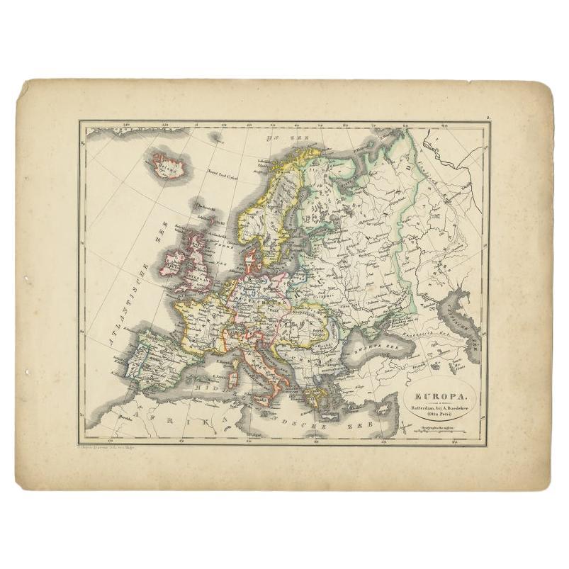 Antique map titled 'Europa'. Map of Europe. This map originates from 'School-Atlas van alle deelen der Aarde' by Otto Petri. 

Artists and Engravers: Published by A. Baedeker (Otto Petri).

Condition: Good, general age-related toning. Minor