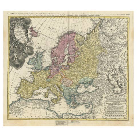 Antique Map of Europe with Elaborate Title Cartouche, c.1750