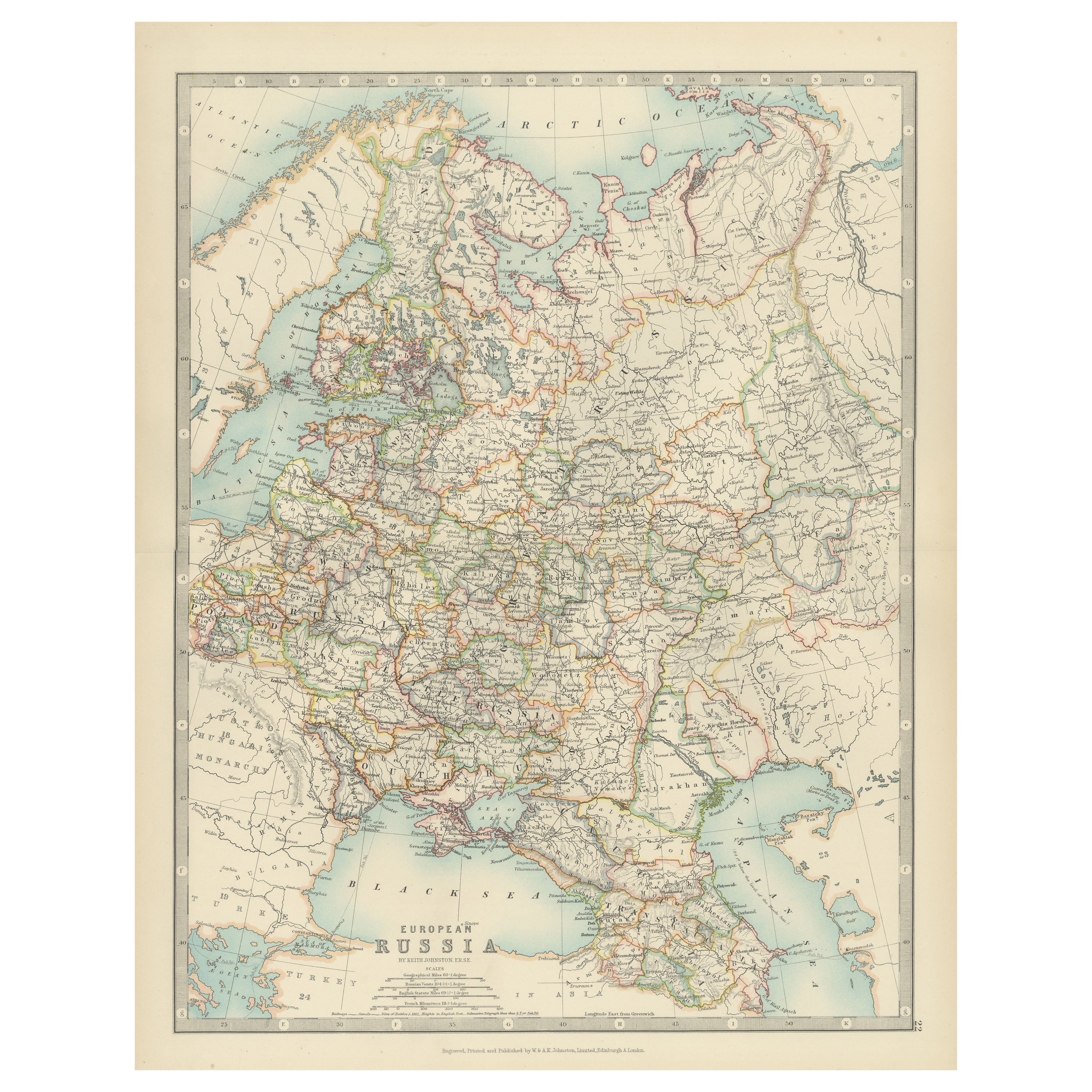 Carte ancienne de la Russie européenne, 1903, avec des frontières provinciales colorées