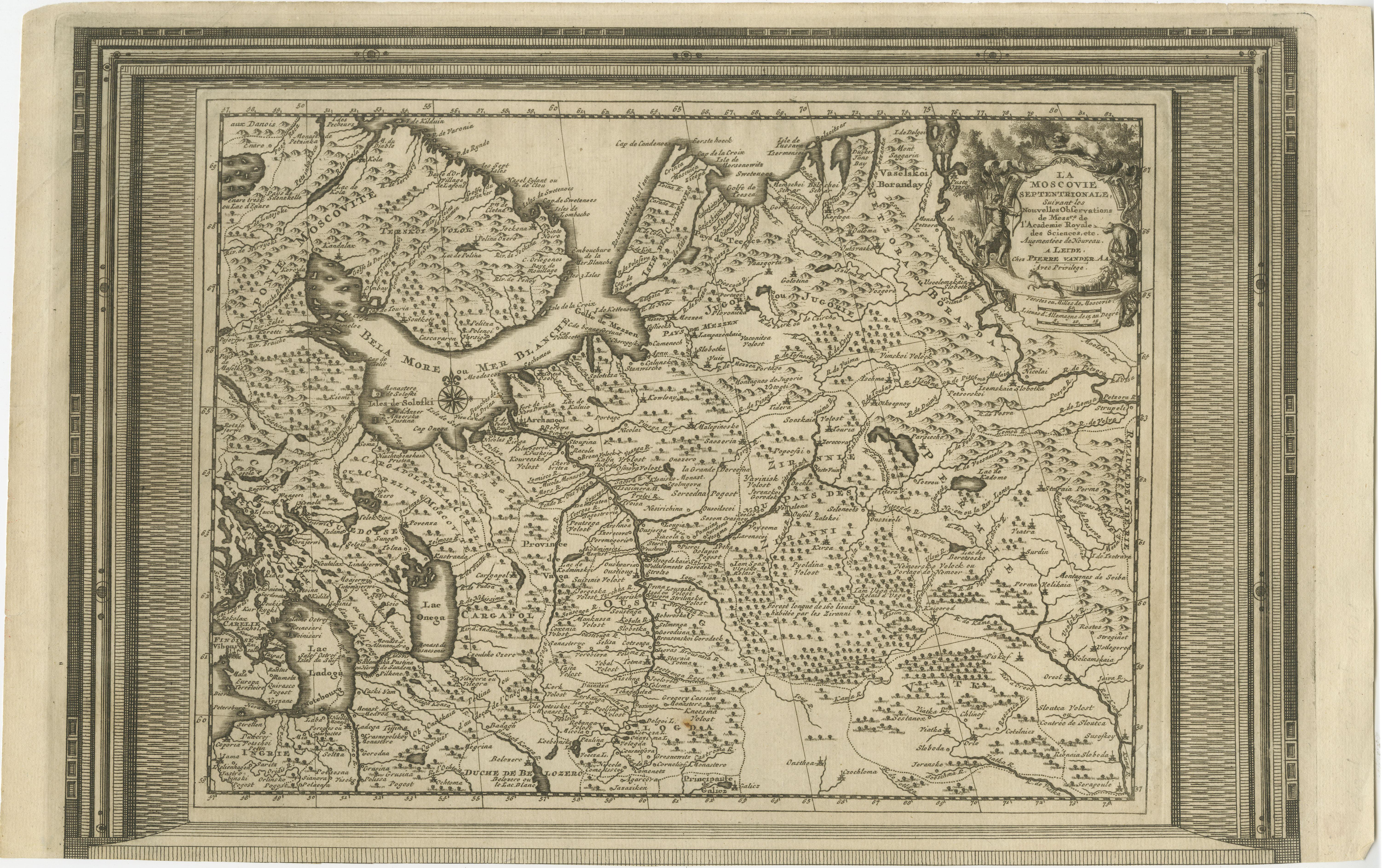 Antike Karte mit dem Titel 'La Moscovie Septentrionale (..)'. Dekoratives Beispiel einer Karte von van der Aa über den nördlichen Teil des europäischen Russlands. Mit der Bilderrahmeneinfassung, die in van der Aas 