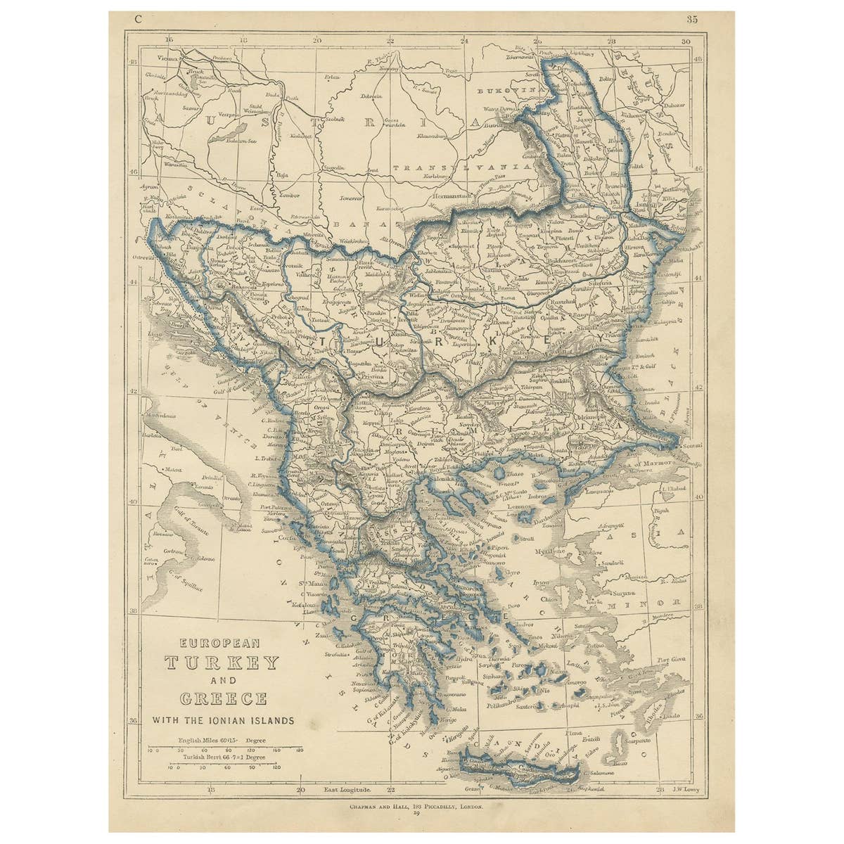 1852 Antique Map of European Turkey and Greece by J.W. Lowry