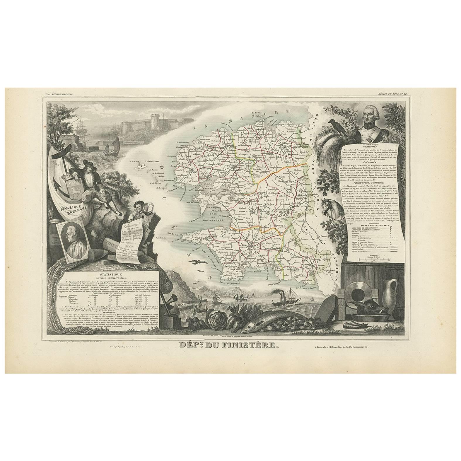 Carte ancienne de la Finistère « France » par V. Levasseur, 1854