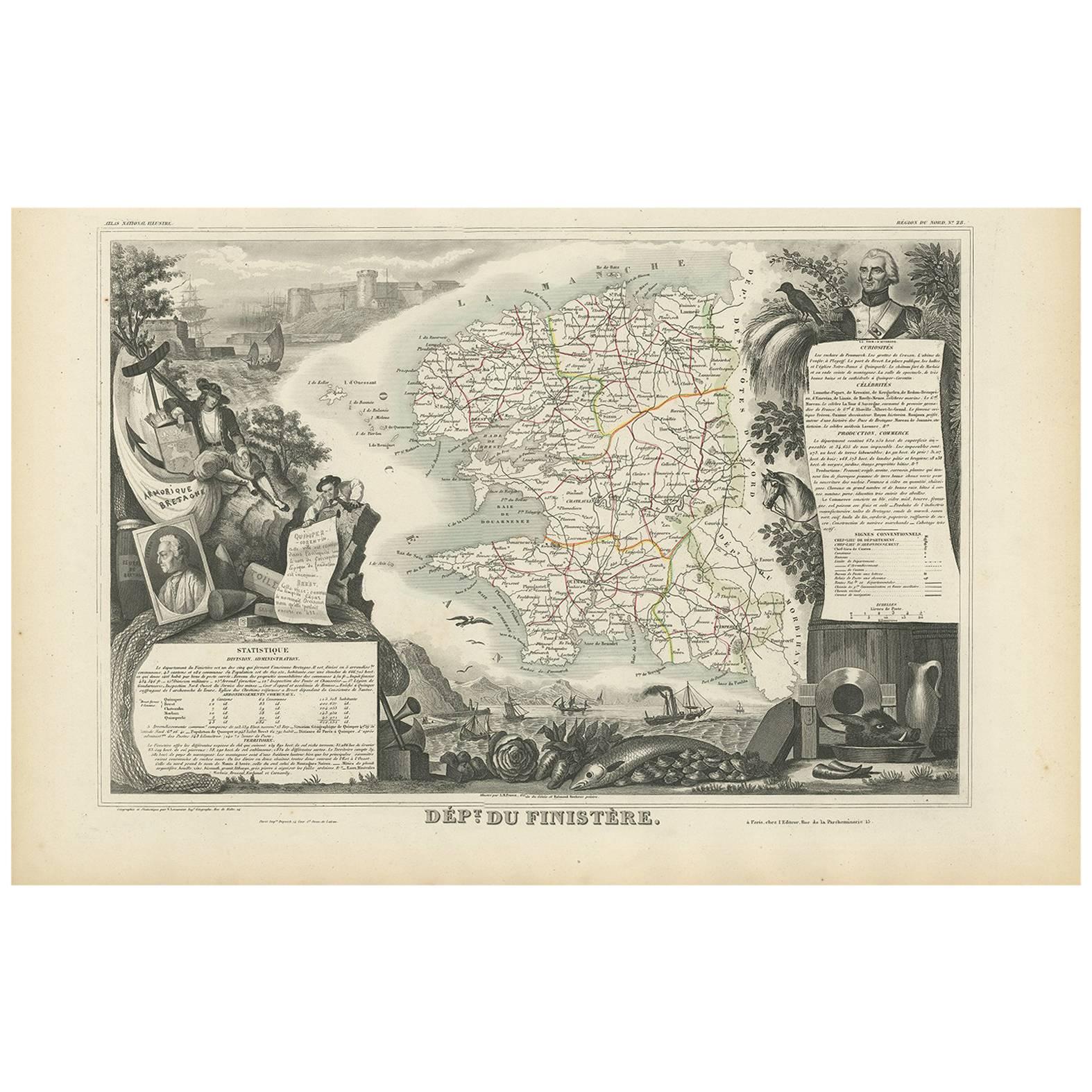 Carta geografica antica del Finistère "Francia" di V. Levasseur, 1854