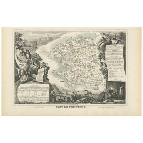Antique French Map – Finistère, Brittany with Ouessant & Mont St-Michel, 1854