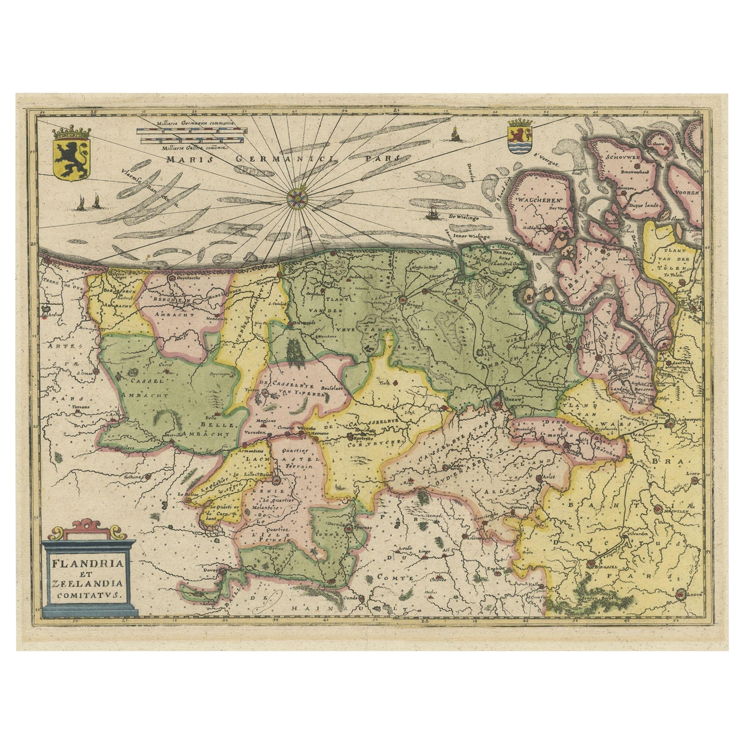 Carta geografica antica delle Fiandre e della Zelanda di Merian, 1659