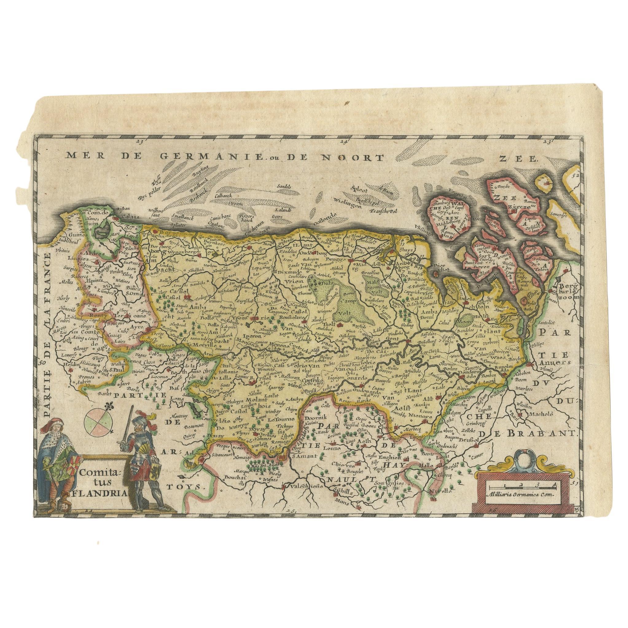 Antique map titled 'Comitatus Flandria'. Original antique map of Flanders, Belgium. This map originates from 'Vyerige Colom verthonende de 17 Nederlandsche Provintien' published 1630. 

Artists and Engravers: Published by Jacob Aertsz.