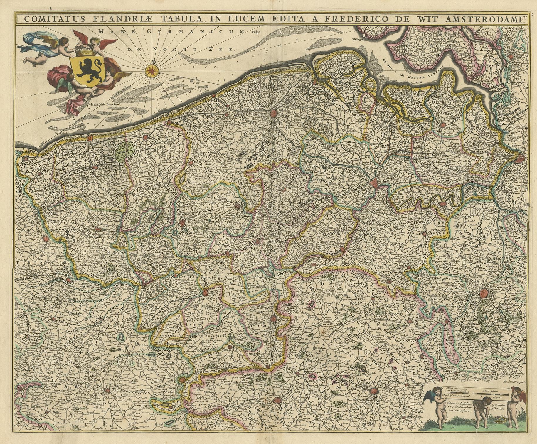Antique map titled 'Comitatus Flandriae Tabula, in Lucem Edita'. Large map of Flanders, Belgium. Published by F. de Wit, circa 1680.