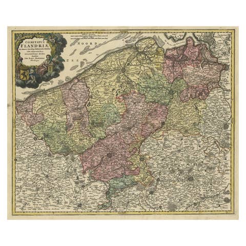 Antique Map of Flanders, Belgium by Homann Heirs, c.1735