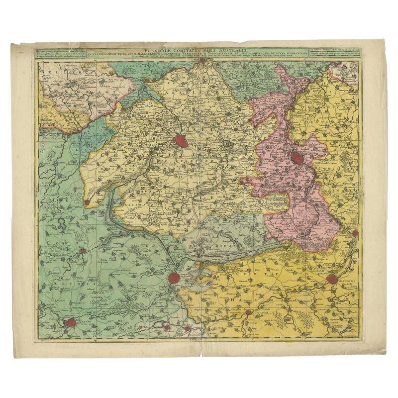 Antike Karte von Flandern, Frankreich, einschließlich der Städte Lille, Tournai, Douai, um 1730