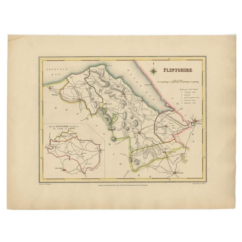 Antique Map of Flintshire in Wales, United Kingdom, c.1850 For Sale