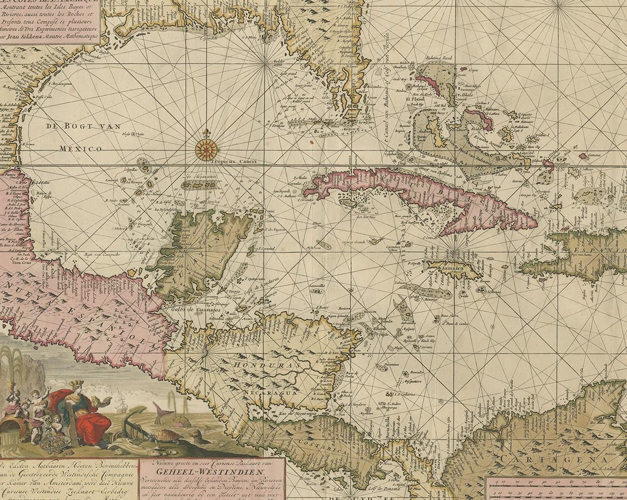 Européen Gravure d'une carte de la Floride, de la côte du Golfe, des Caraïbes et d'Amérique centrale, 1728 en vente