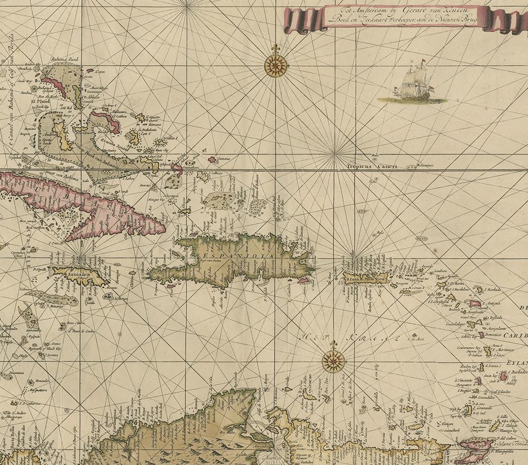 Gravure d'une carte de la Floride, de la côte du Golfe, des Caraïbes et d'Amérique centrale, 1728 Bon état - En vente à Langweer, NL