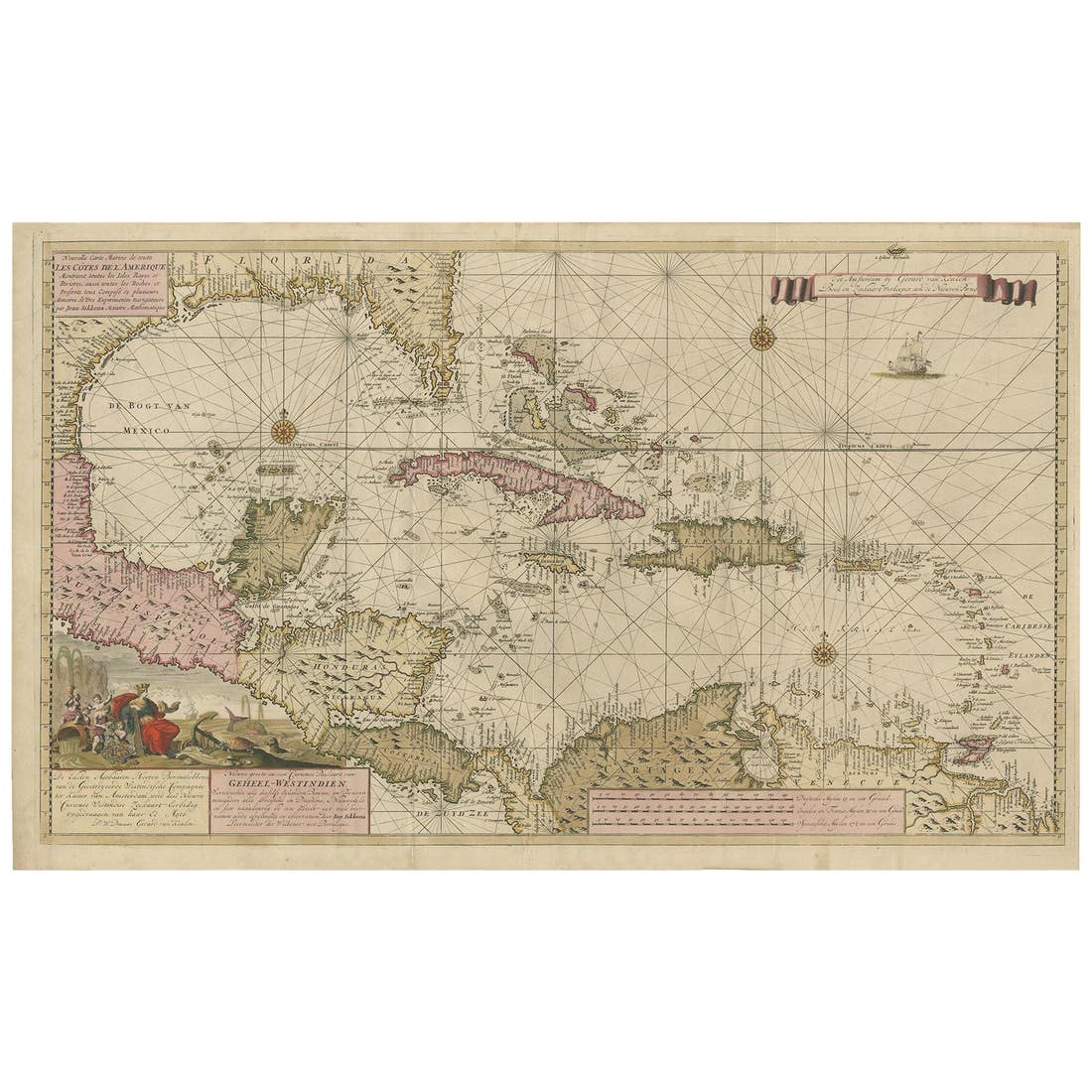 Engraving of a Map of Florida, the Gulf Coast, Caribbean & Central America, 1728