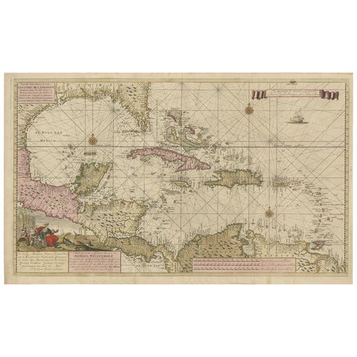 Engraving of a Map of Florida, the Gulf Coast, Caribbean & Central America, 1728