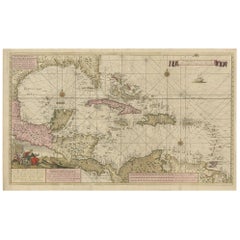 Antique Rare Large Map of Florida, the Gulf Coast, Caribbean & Central America, c1728